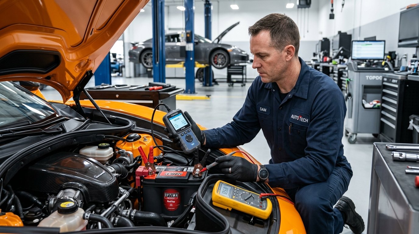Automotive technician testing car battery with digital analyzer