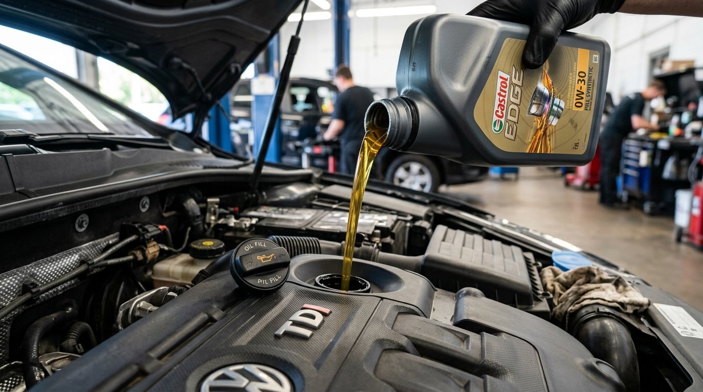 Fresh synthetic engine oil being poured into engine during maintenance